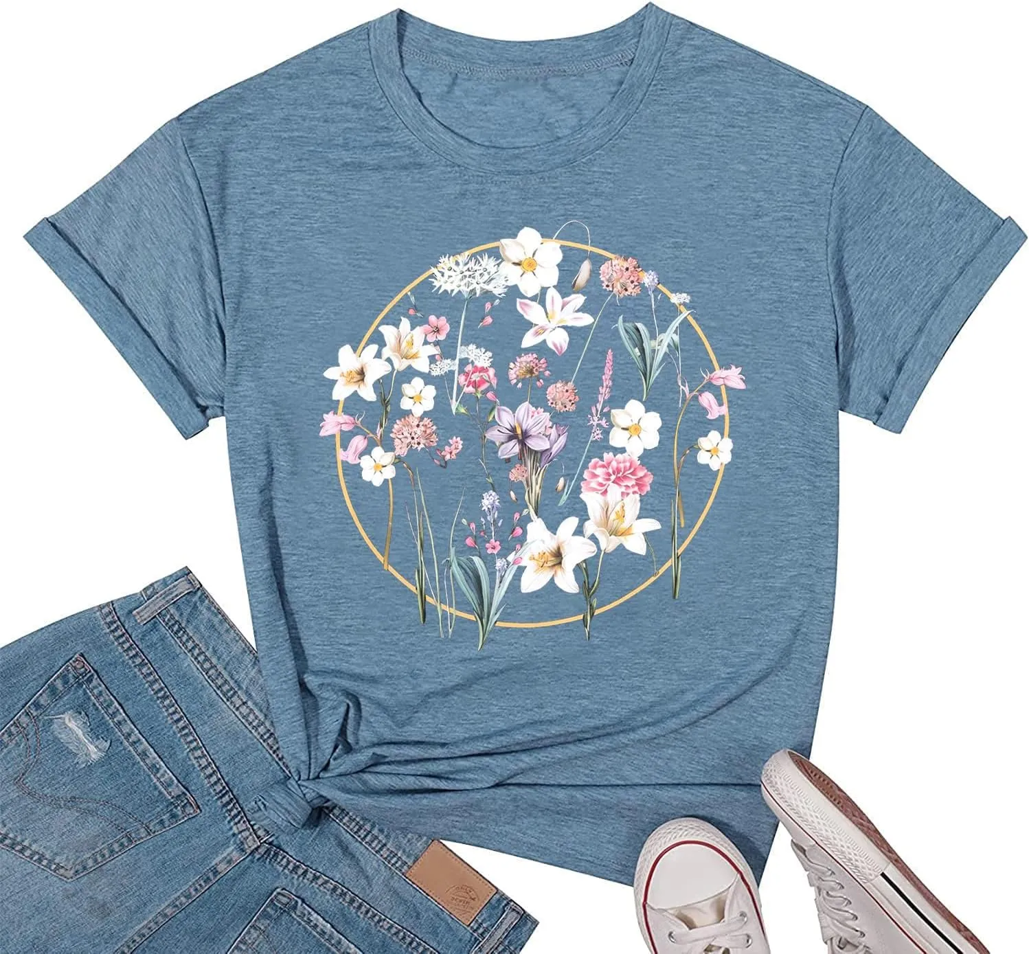 Womens T Shirts Adventure Awaits Mountain Sunrise Flower Heart Printed Shirt Boho Floral Wildflowers Graphic Funny Tee Tops