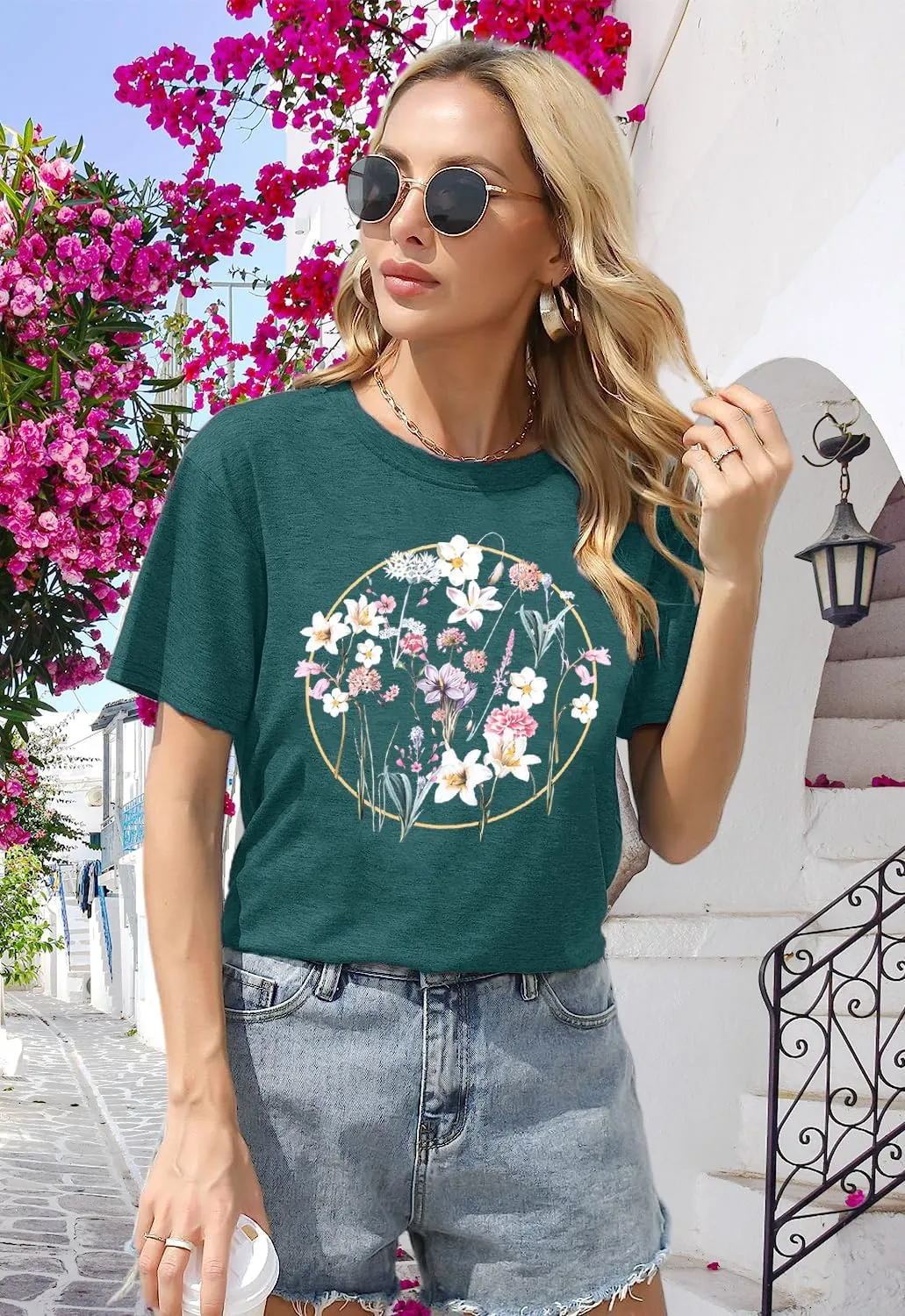 Womens T Shirts Adventure Awaits Mountain Sunrise Flower Heart Printed Shirt Boho Floral Wildflowers Graphic Funny Tee Tops