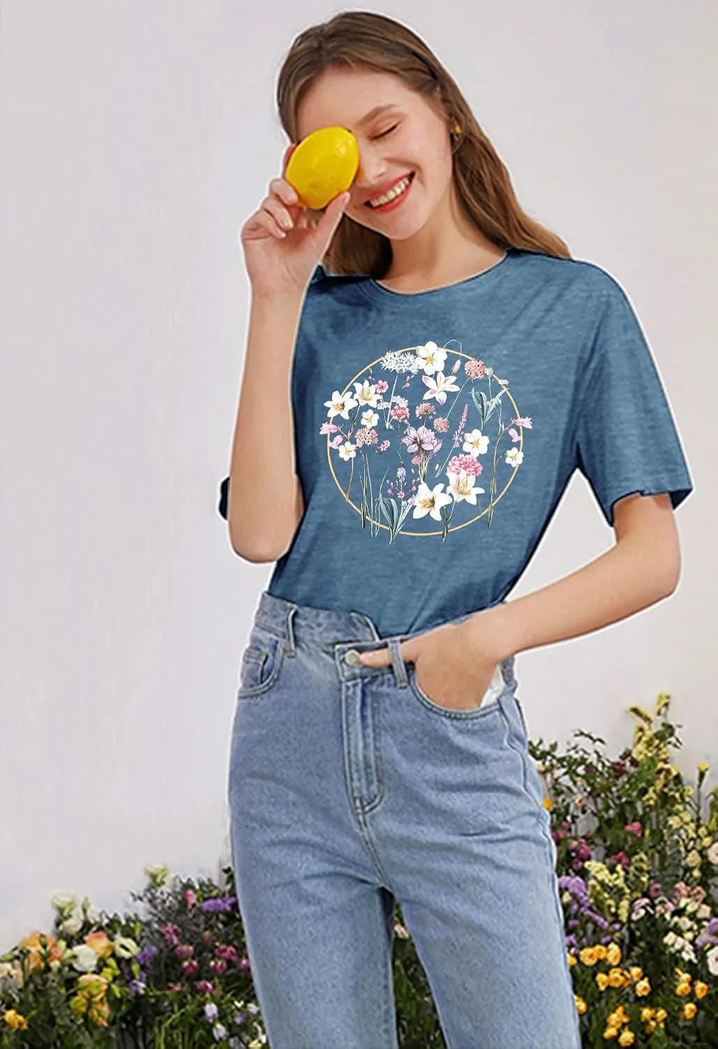 Womens T Shirts Adventure Awaits Mountain Sunrise Flower Heart Printed Shirt Boho Floral Wildflowers Graphic Funny Tee Tops