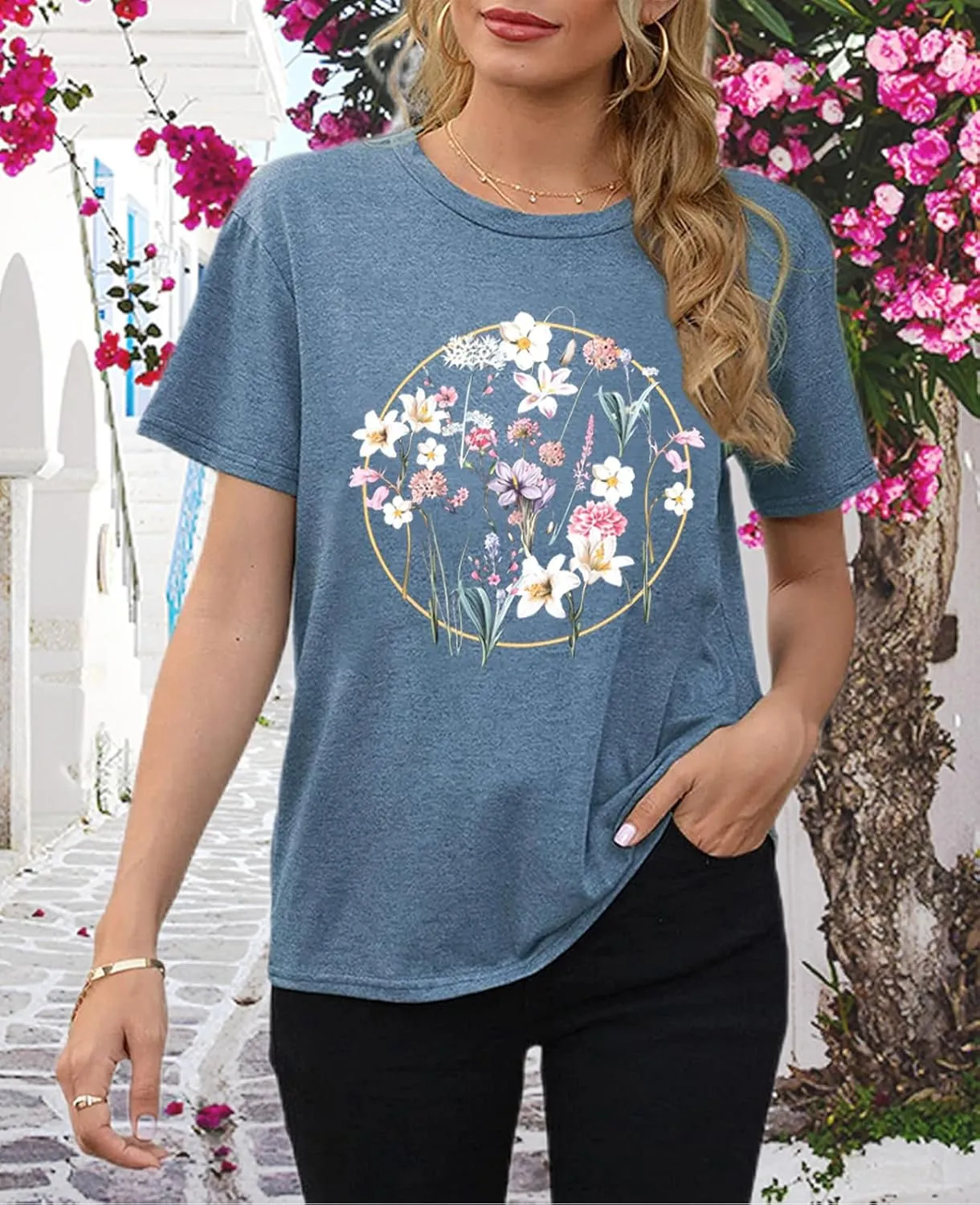 Womens T Shirts Adventure Awaits Mountain Sunrise Flower Heart Printed Shirt Boho Floral Wildflowers Graphic Funny Tee Tops