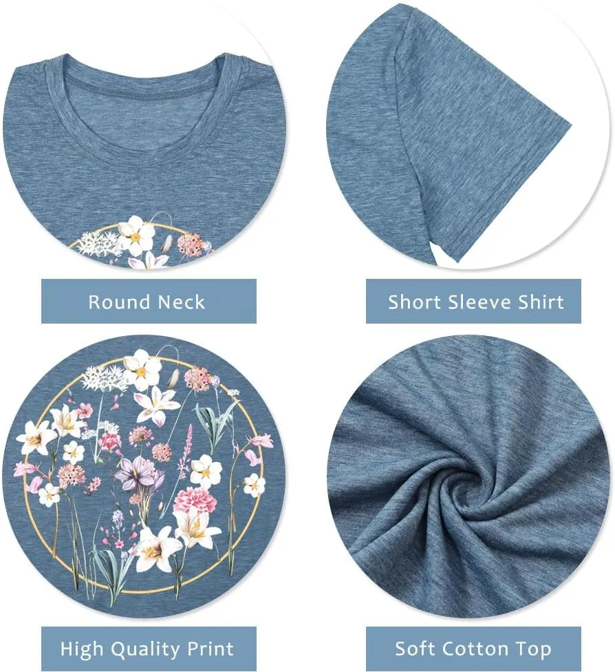 Womens T Shirts Adventure Awaits Mountain Sunrise Flower Heart Printed Shirt Boho Floral Wildflowers Graphic Funny Tee Tops