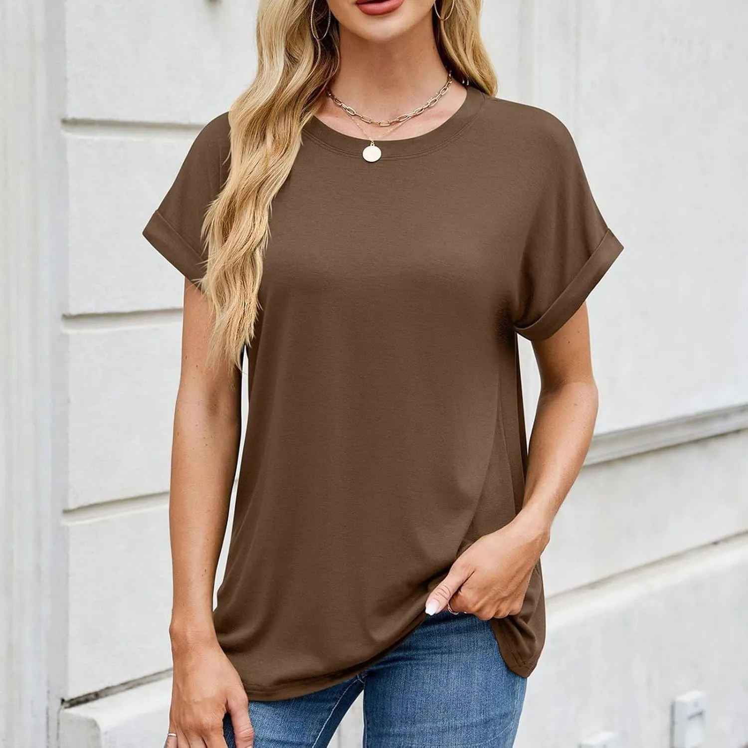 Womens T Shirts Plain Crew Neck Short Sleeve Cotton Oversized Tshirts Casual Loose Basic Tees Cute Summer Tops