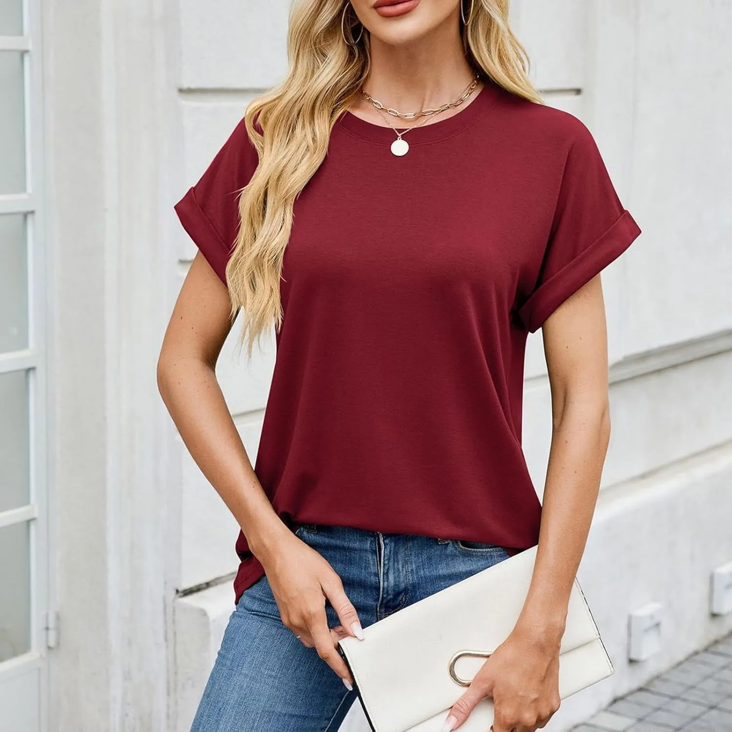 Womens T Shirts Plain Crew Neck Short Sleeve Cotton Oversized Tshirts Casual Loose Basic Tees Cute Summer Tops