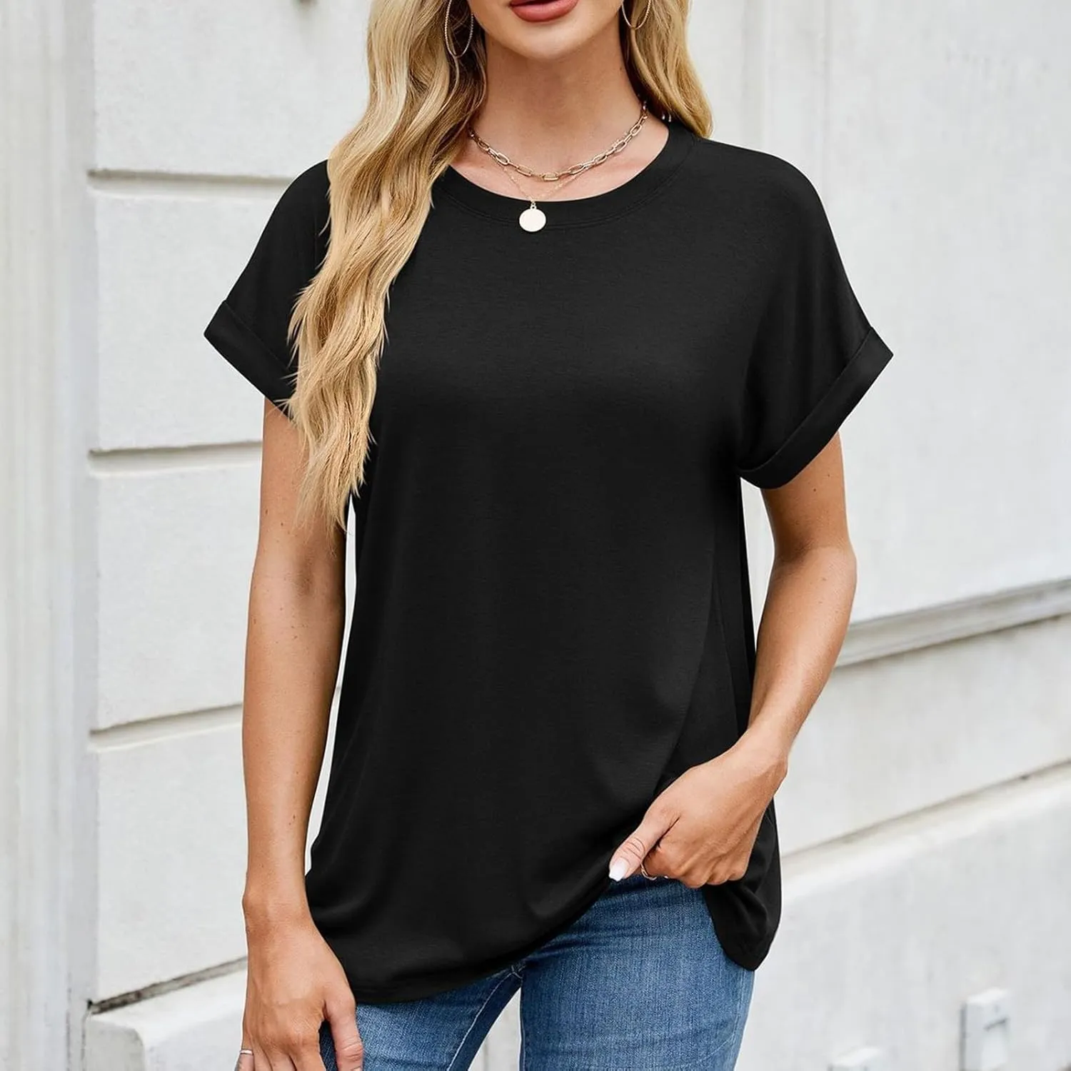 Womens T Shirts Plain Crew Neck Short Sleeve Cotton Oversized Tshirts Casual Loose Basic Tees Cute Summer Tops