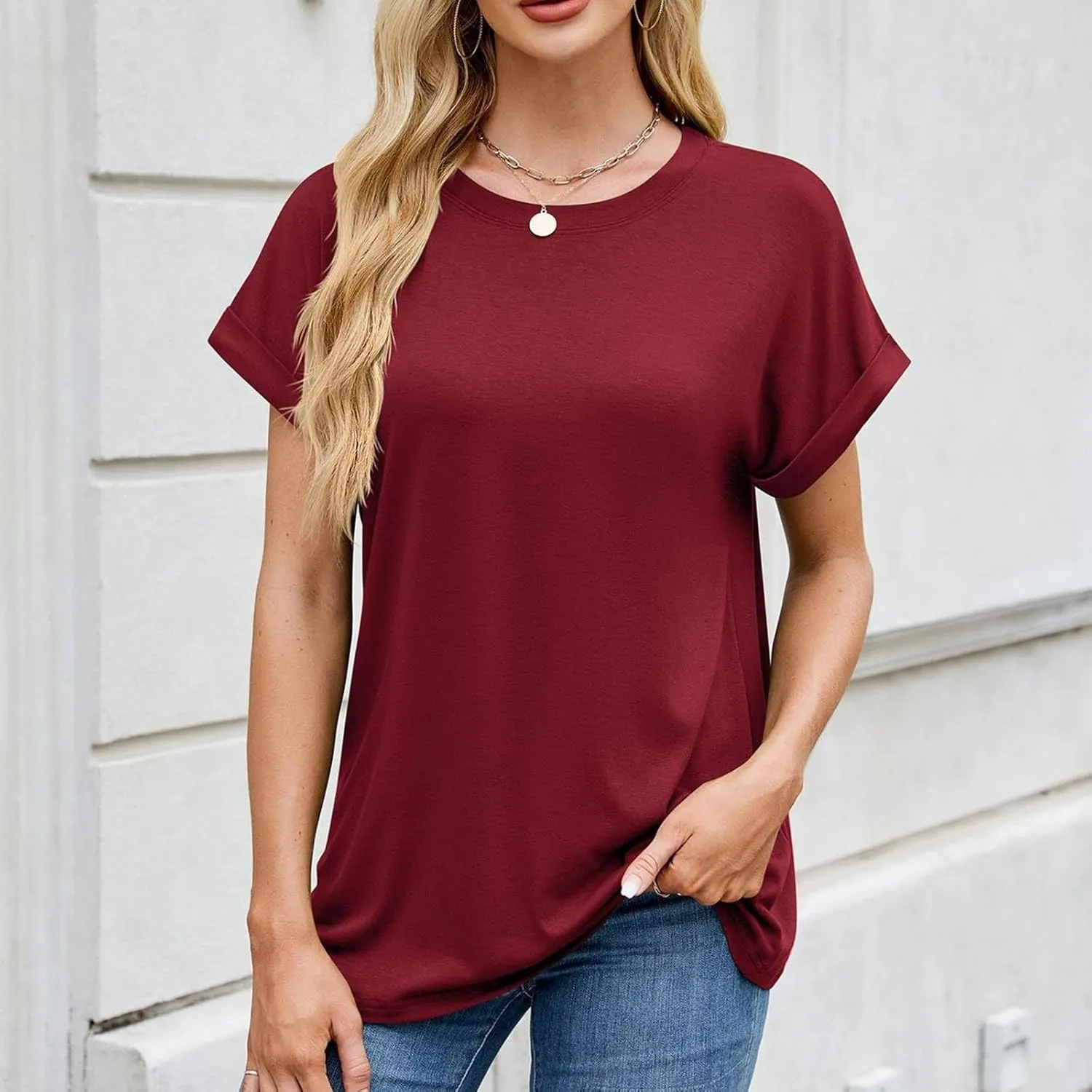 Womens T Shirts Plain Crew Neck Short Sleeve Cotton Oversized Tshirts Casual Loose Basic Tees Cute Summer Tops