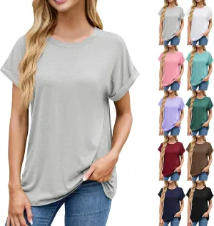 Womens T Shirts Plain Crew Neck Short Sleeve Cotton Oversized Tshirts Casual Loose Basic Tees Cute Summer Tops