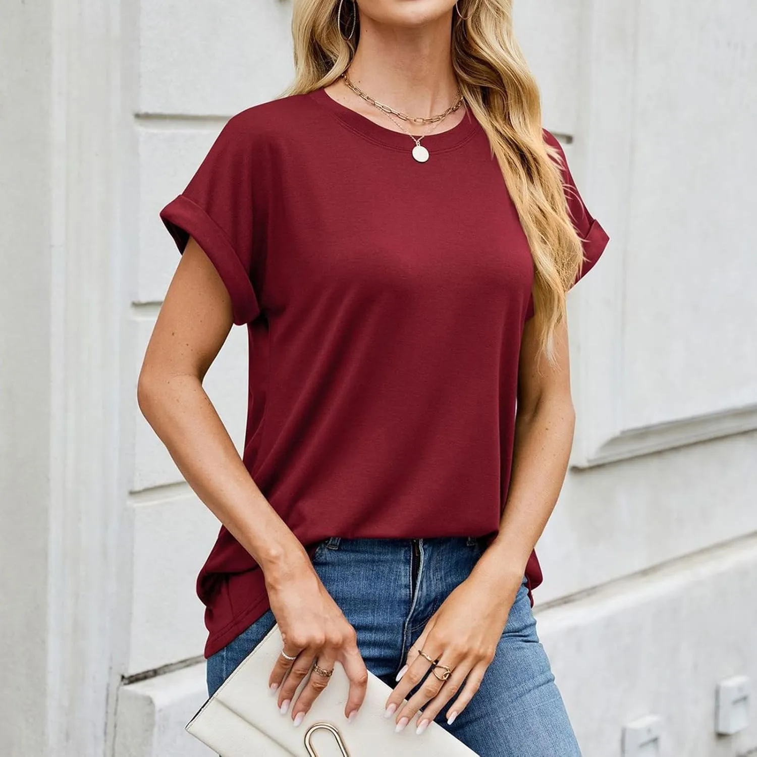 Womens T Shirts Plain Crew Neck Short Sleeve Cotton Oversized Tshirts Casual Loose Basic Tees Cute Summer Tops