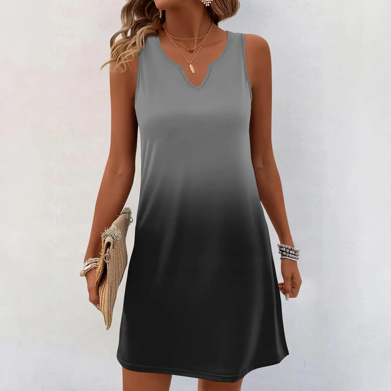 Women's Tank Nightgown Dresses V Neck Sleepshirts Soft Dress Sleeveless Solid Color Chemise Nightdress S-XXL