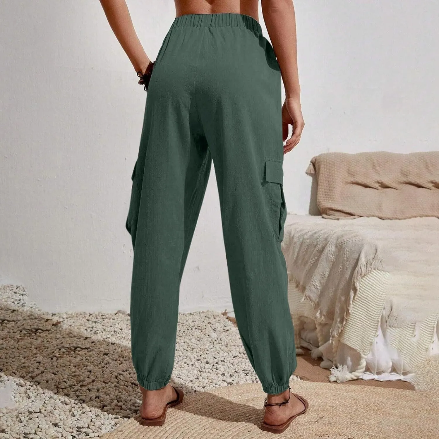 Womens Tapered Cargo Pants Trendy Drawstring Elastic High Waisted Wide Leg Pants Loose Solid Color Casual Trousers