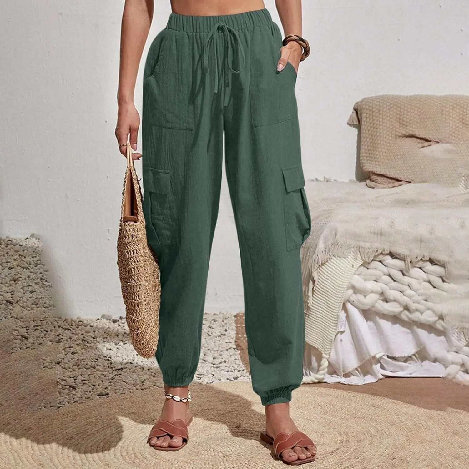 Womens Tapered Cargo Pants Trendy Drawstring Elastic High Waisted Wide Leg Pants Loose Solid Color Casual Trousers