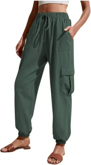 Womens Tapered Cargo Pants Trendy Drawstring Elastic High Waisted Wide Leg Pants Loose Solid Color Casual Trousers
