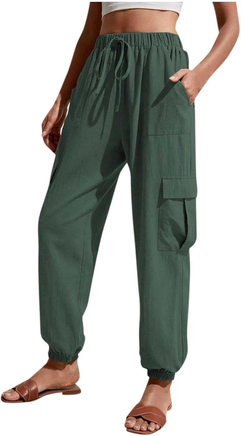 Womens Tapered Cargo Pants Trendy Drawstring Elastic High Waisted Wide Leg Pants Loose Solid Color Casual Trousers