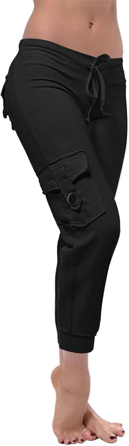 Womens Tapered Yoga Pants Butt Lifting Athletic Pant Stretch High Waisted Pants Button Up Cargo Pant with Pockets
