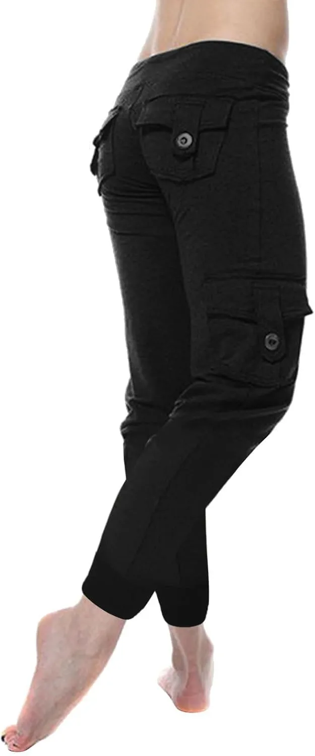 Womens Tapered Yoga Pants Butt Lifting Athletic Pant Stretch High Waisted Pants Button Up Cargo Pant with Pockets