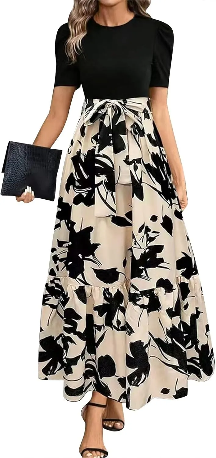 Work Dresses for Women 2025 Elegant Classy Summer Empire Waist Short Sleeve A Line Dress Wedding Guest Wrap Sundress