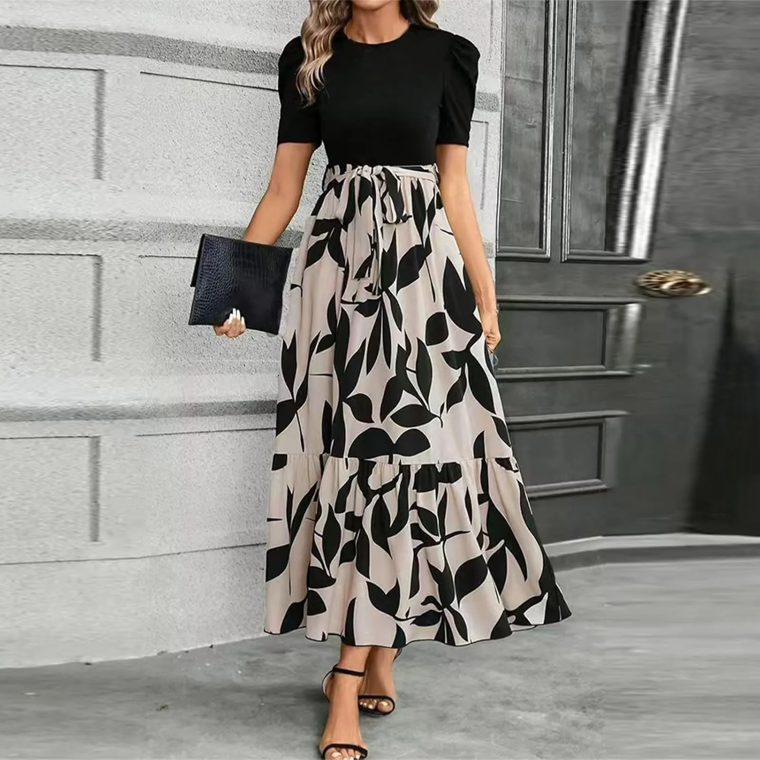 Work Dresses for Women 2025 Elegant Classy Summer Empire Waist Short Sleeve A Line Dress Wedding Guest Wrap Sundress