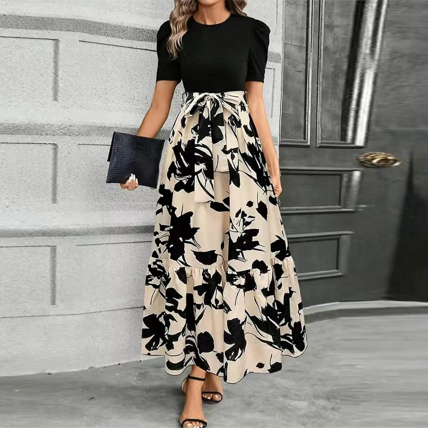 Work Dresses for Women 2025 Elegant Classy Summer Empire Waist Short Sleeve A Line Dress Wedding Guest Wrap Sundress
