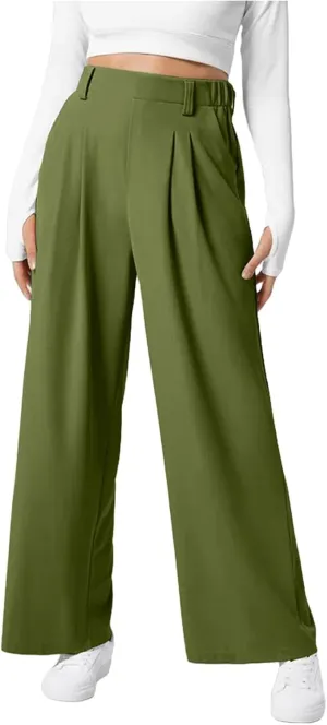 Work Pants Women 2025 Fashion High Waisted Wide Leg Dress Pants Comfy Straight Leg Office Pant Light Pleated Trouser