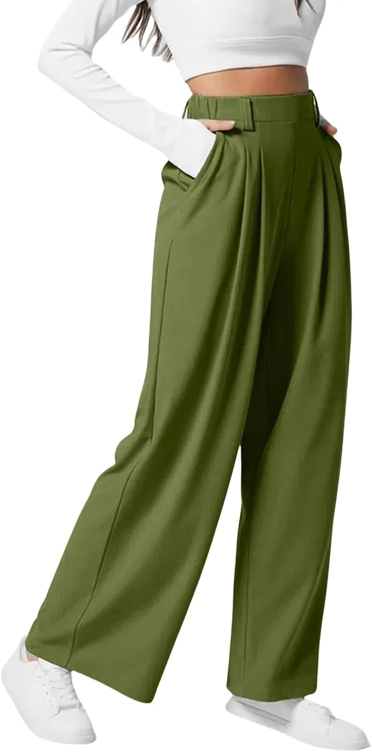 Work Pants Women 2025 Fashion High Waisted Wide Leg Dress Pants Comfy Straight Leg Office Pant Light Pleated Trouser