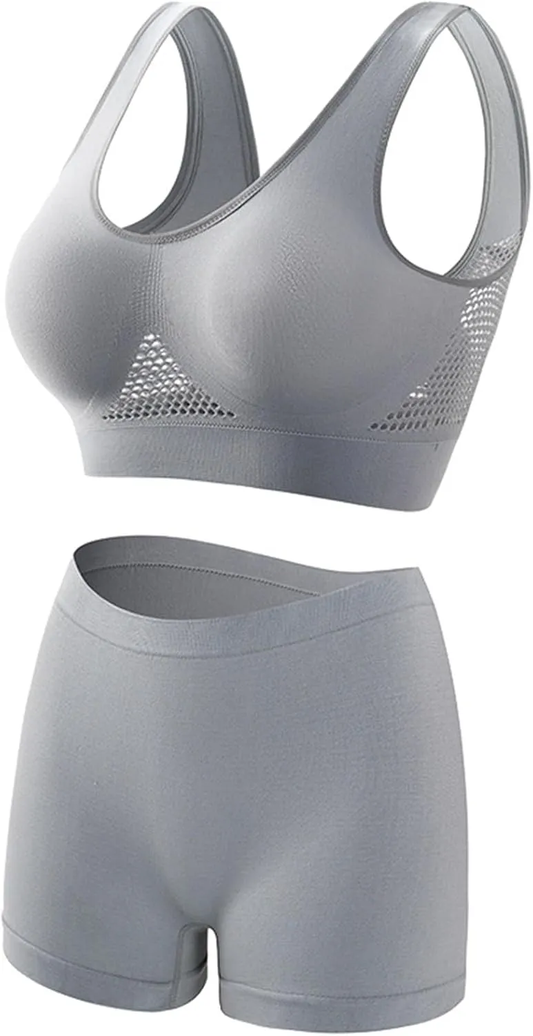 Workout Sets for Women Two Piece Plus Size Seamless High Impact Mesh Sports Bra Boyshort Panty Gym Fitness Yoga Sets
