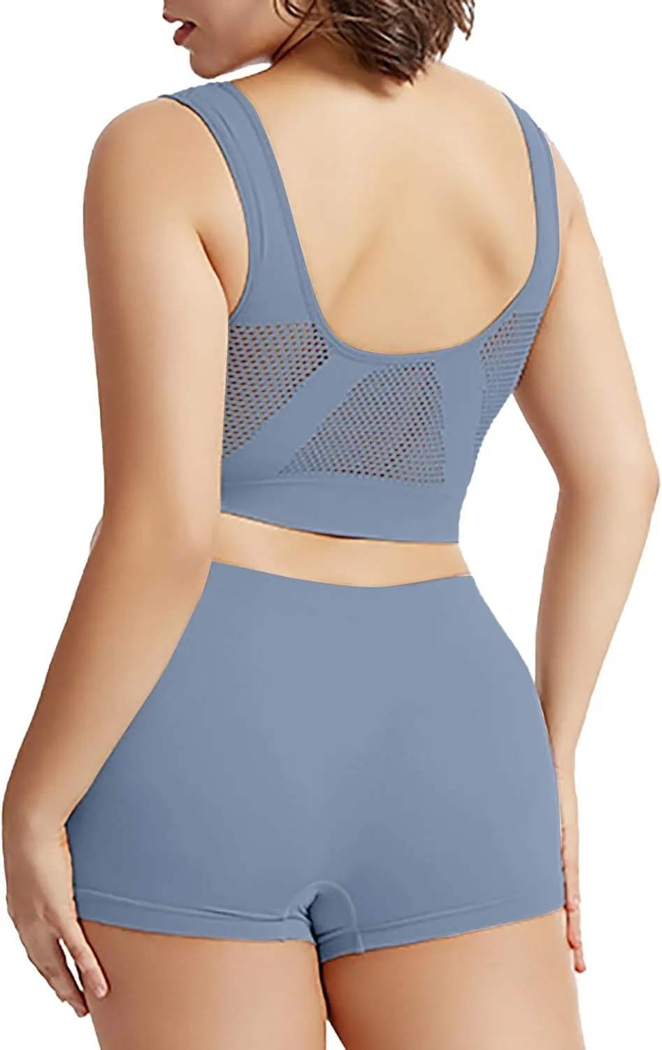 Workout Sets for Women Two Piece Plus Size Seamless High Impact Mesh Sports Bra Boyshort Panty Gym Fitness Yoga Sets