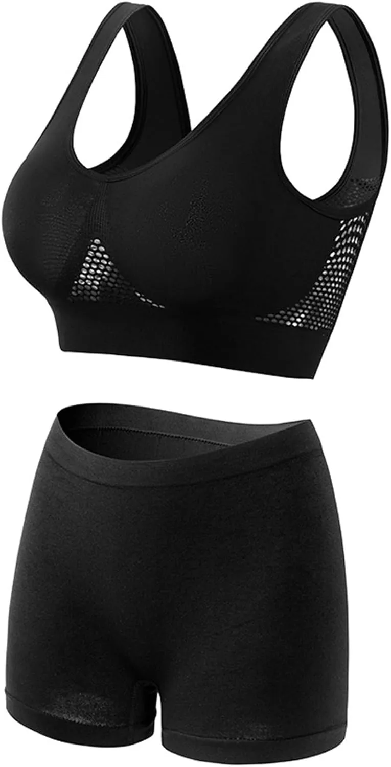 Workout Sets for Women Two Piece Plus Size Seamless High Impact Mesh Sports Bra Boyshort Panty Gym Fitness Yoga Sets