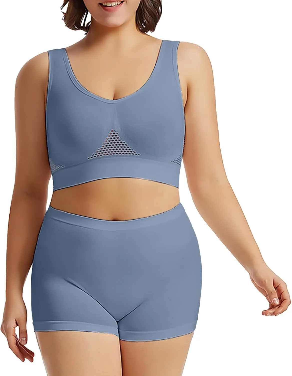 Workout Sets for Women Two Piece Plus Size Seamless High Impact Mesh Sports Bra Boyshort Panty Gym Fitness Yoga Sets