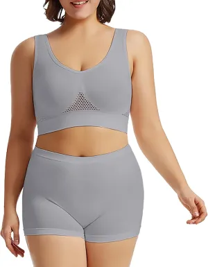 Workout Sets for Women Two Piece Plus Size Seamless High Impact Mesh Sports Bra Boyshort Panty Gym Fitness Yoga Sets