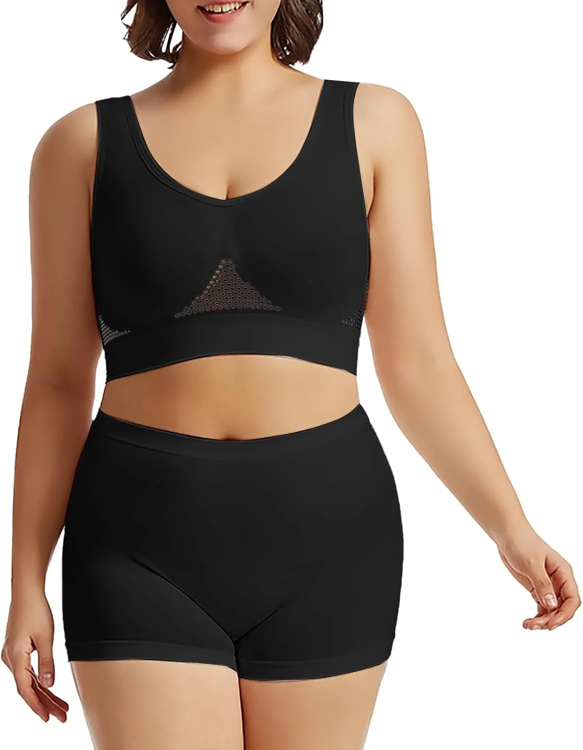 Workout Sets for Women Two Piece Plus Size Seamless High Impact Mesh Sports Bra Boyshort Panty Gym Fitness Yoga Sets