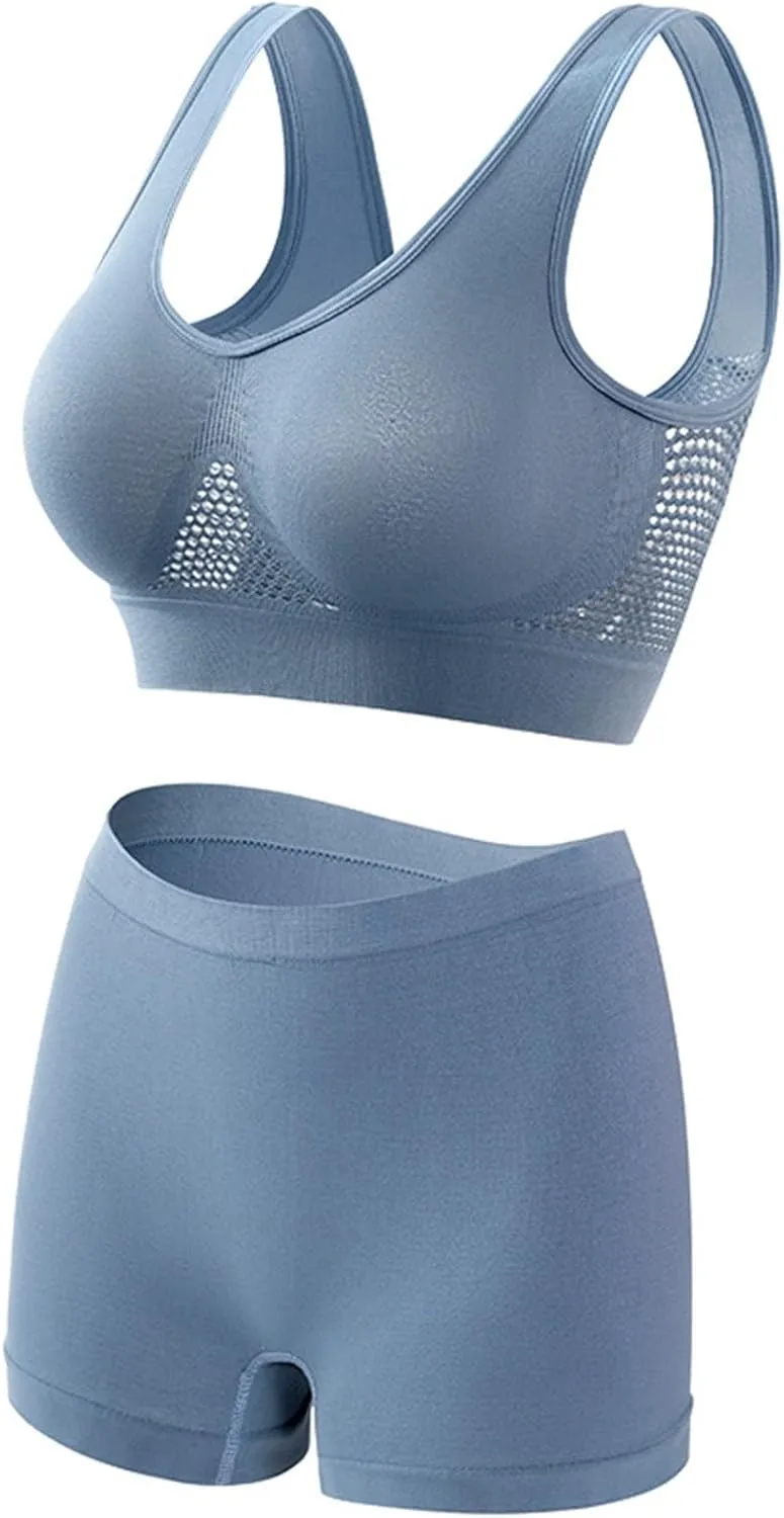 Workout Sets for Women Two Piece Plus Size Seamless High Impact Mesh Sports Bra Boyshort Panty Gym Fitness Yoga Sets