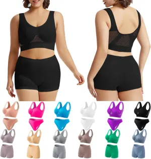 Workout Sets for Women Two Piece Plus Size Seamless High Impact Mesh Sports Bra Boyshort Panty Gym Fitness Yoga Sets