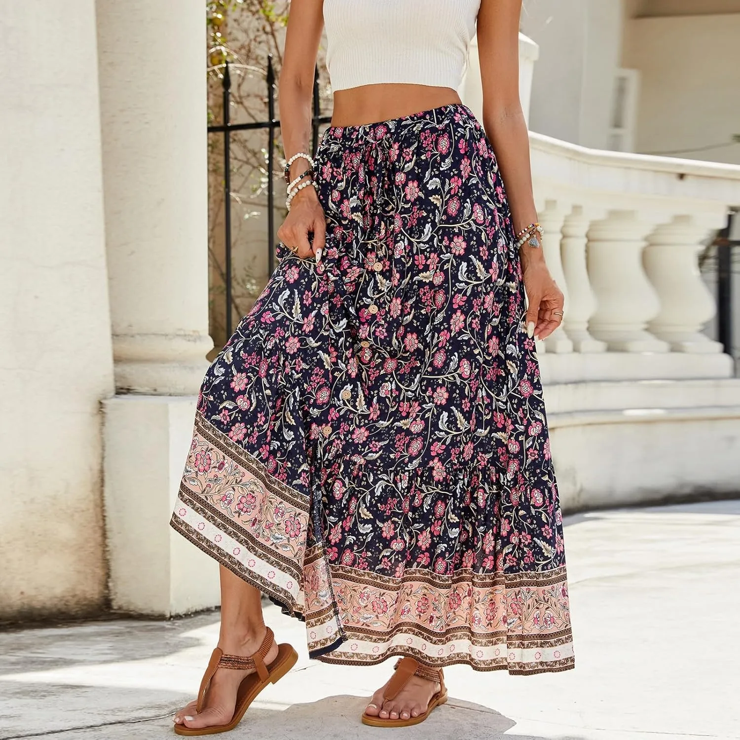 Wrap Skirt, Drawstring Tiered Long Boho Skirt Spring Summer Pleated Flowy Maxi Skirts for Women 2025 Trendy