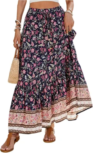 Wrap Skirt, Drawstring Tiered Long Boho Skirt Spring Summer Pleated Flowy Maxi Skirts for Women 2025 Trendy
