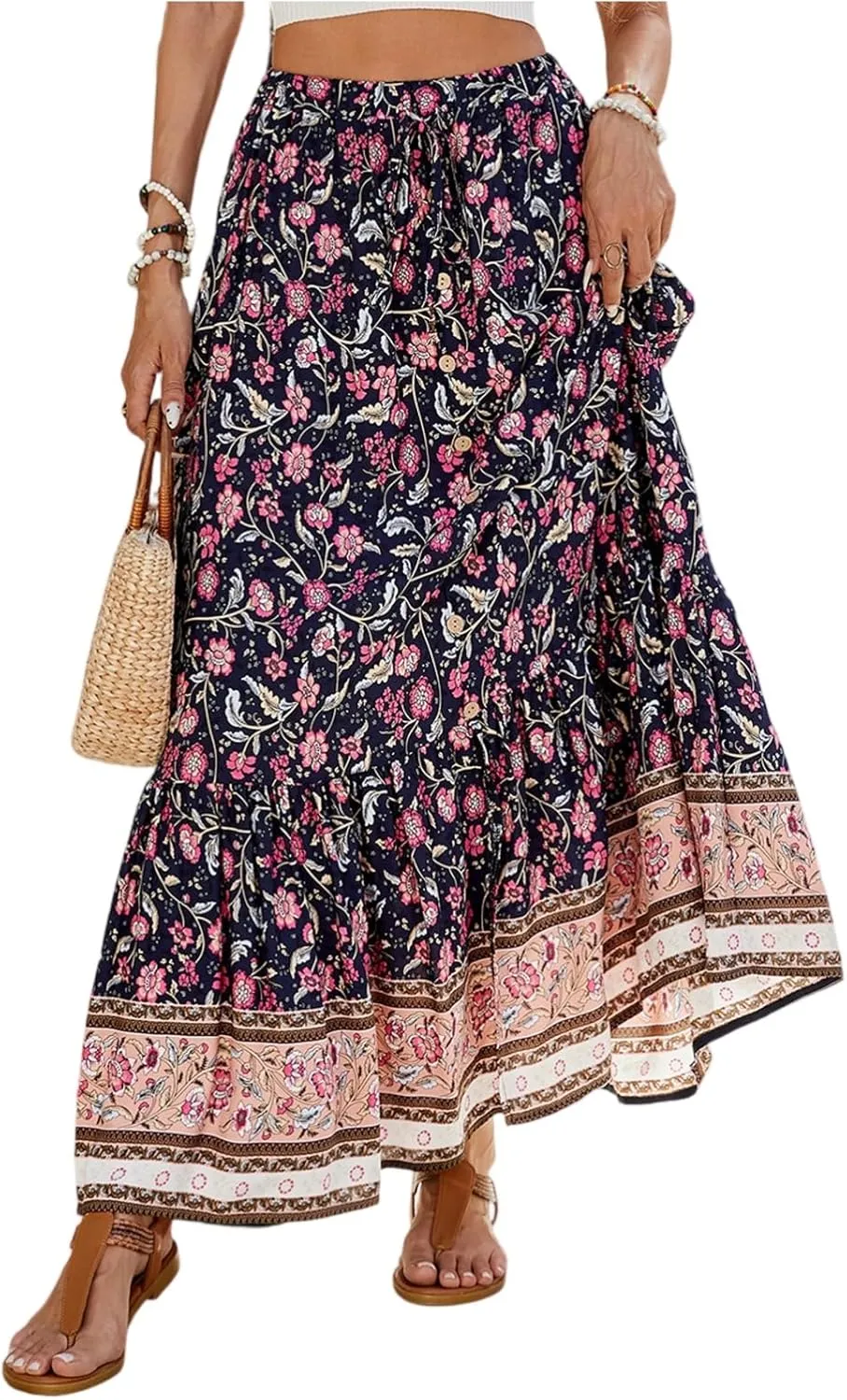 Wrap Skirt, Drawstring Tiered Long Boho Skirt Spring Summer Pleated Flowy Maxi Skirts for Women 2025 Trendy