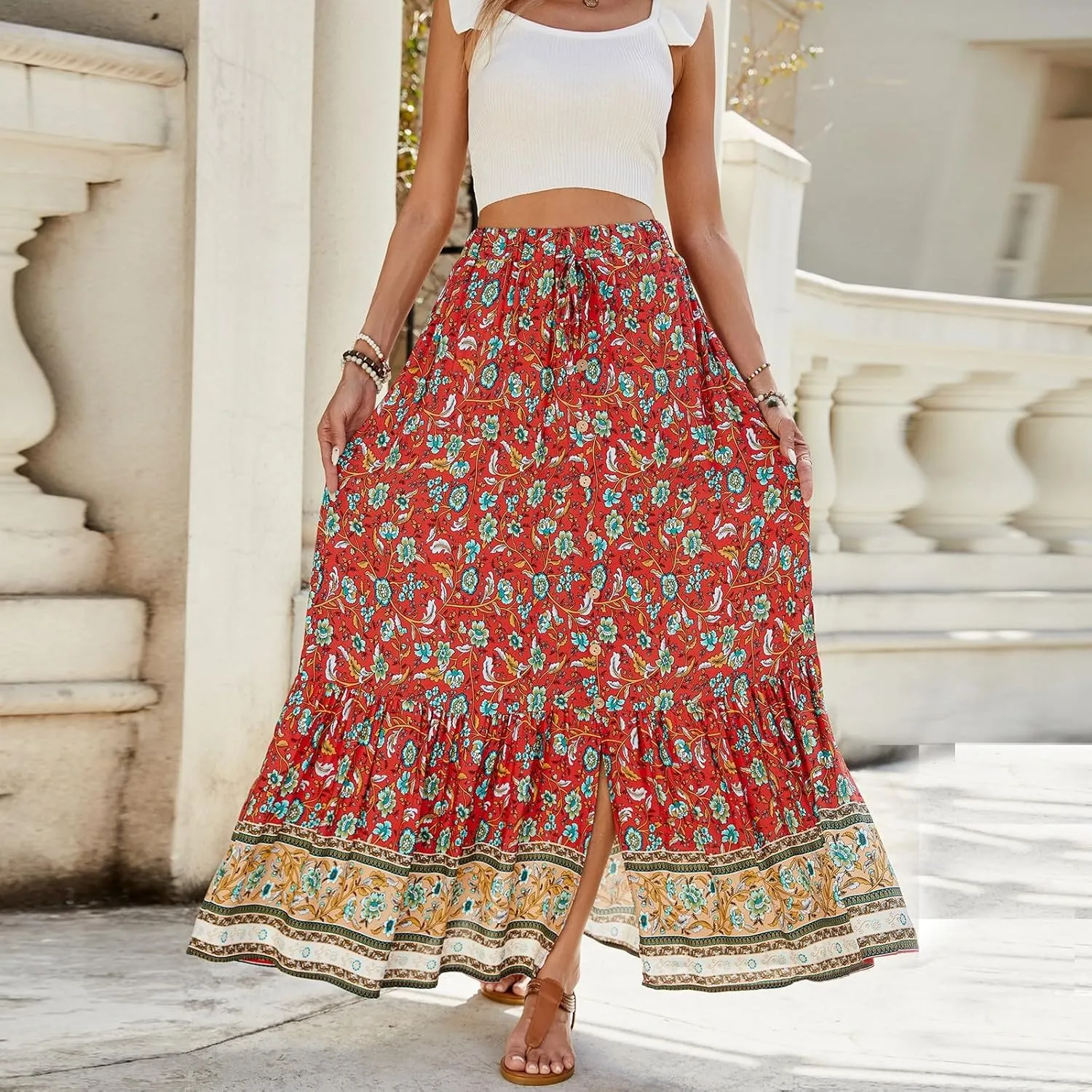 Wrap Skirt, Drawstring Tiered Long Boho Skirt Spring Summer Pleated Flowy Maxi Skirts for Women 2025 Trendy