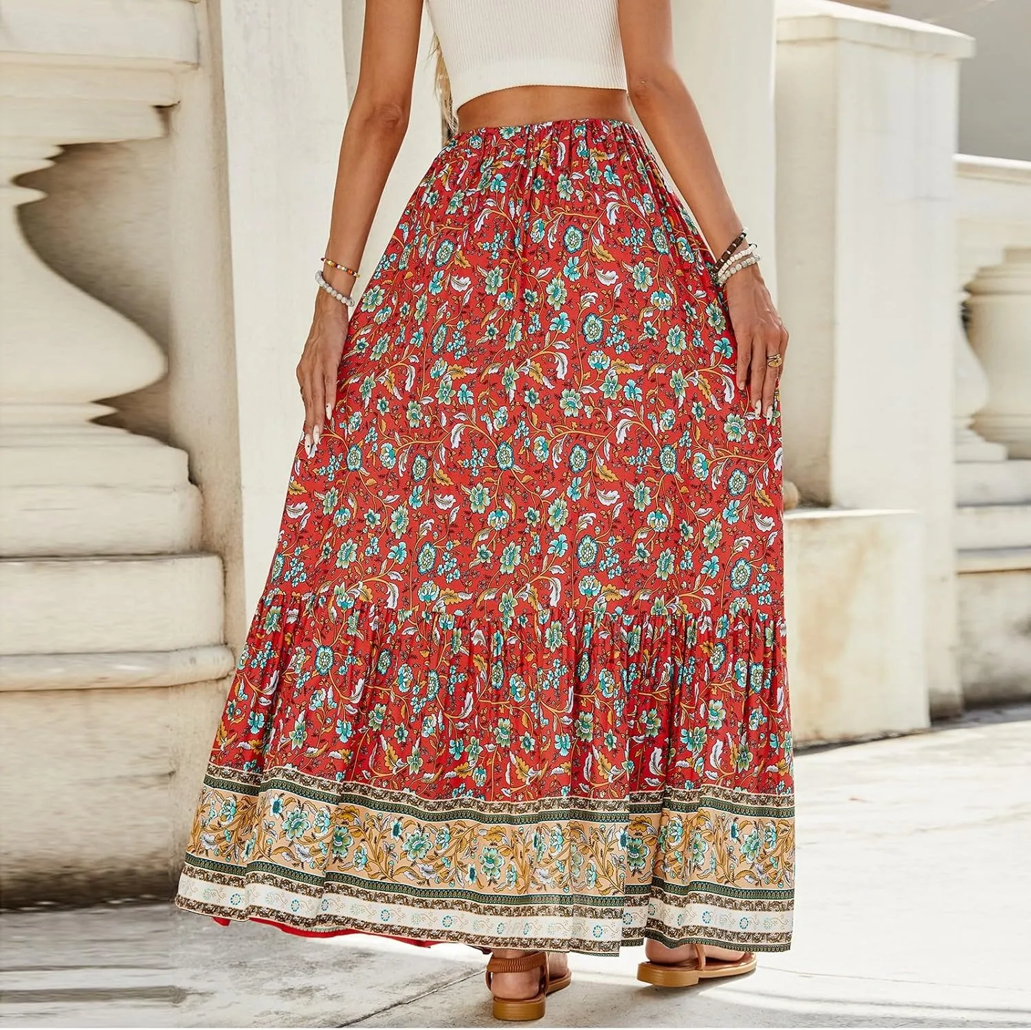 Wrap Skirt, Drawstring Tiered Long Boho Skirt Spring Summer Pleated Flowy Maxi Skirts for Women 2025 Trendy
