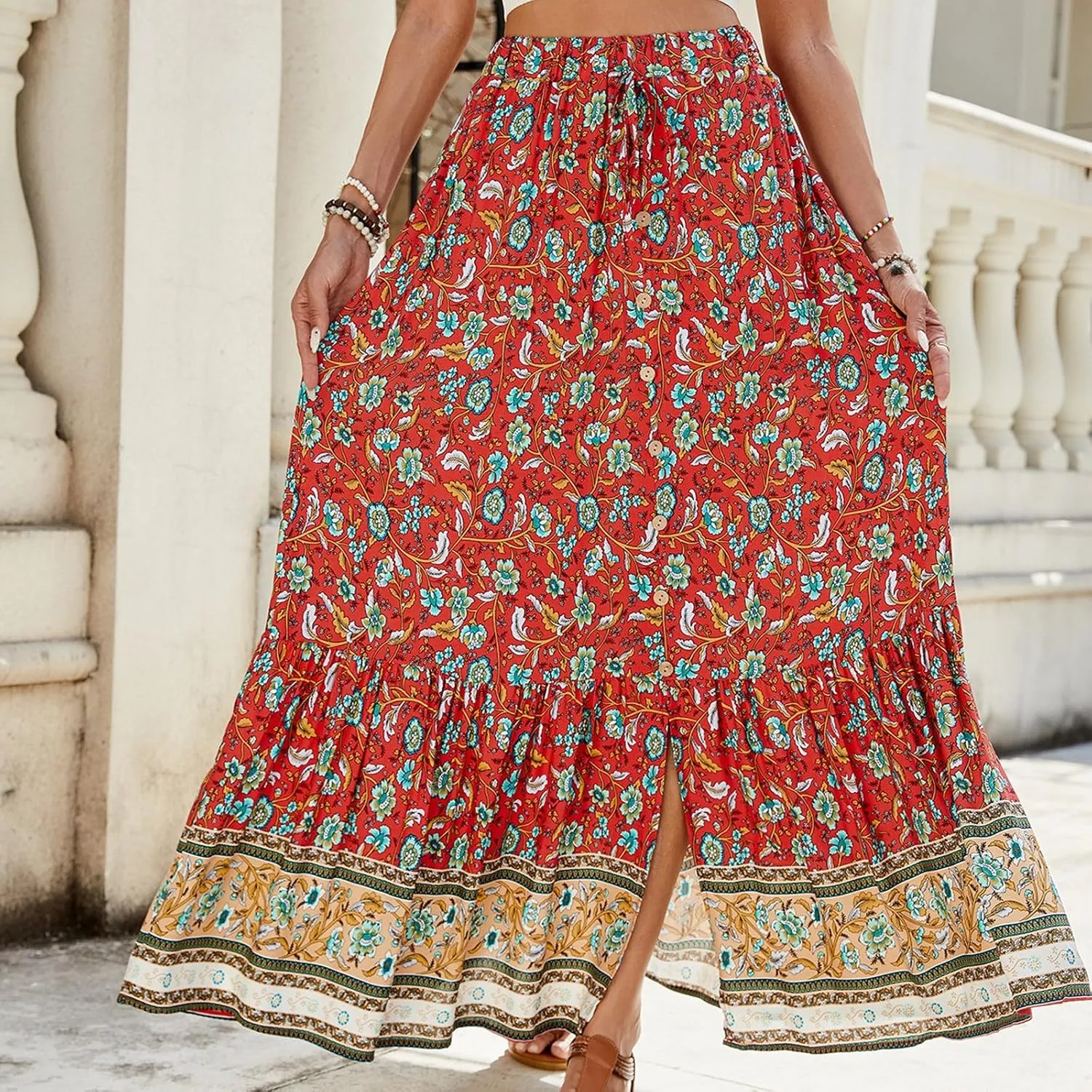 Wrap Skirt, Drawstring Tiered Long Boho Skirt Spring Summer Pleated Flowy Maxi Skirts for Women 2025 Trendy