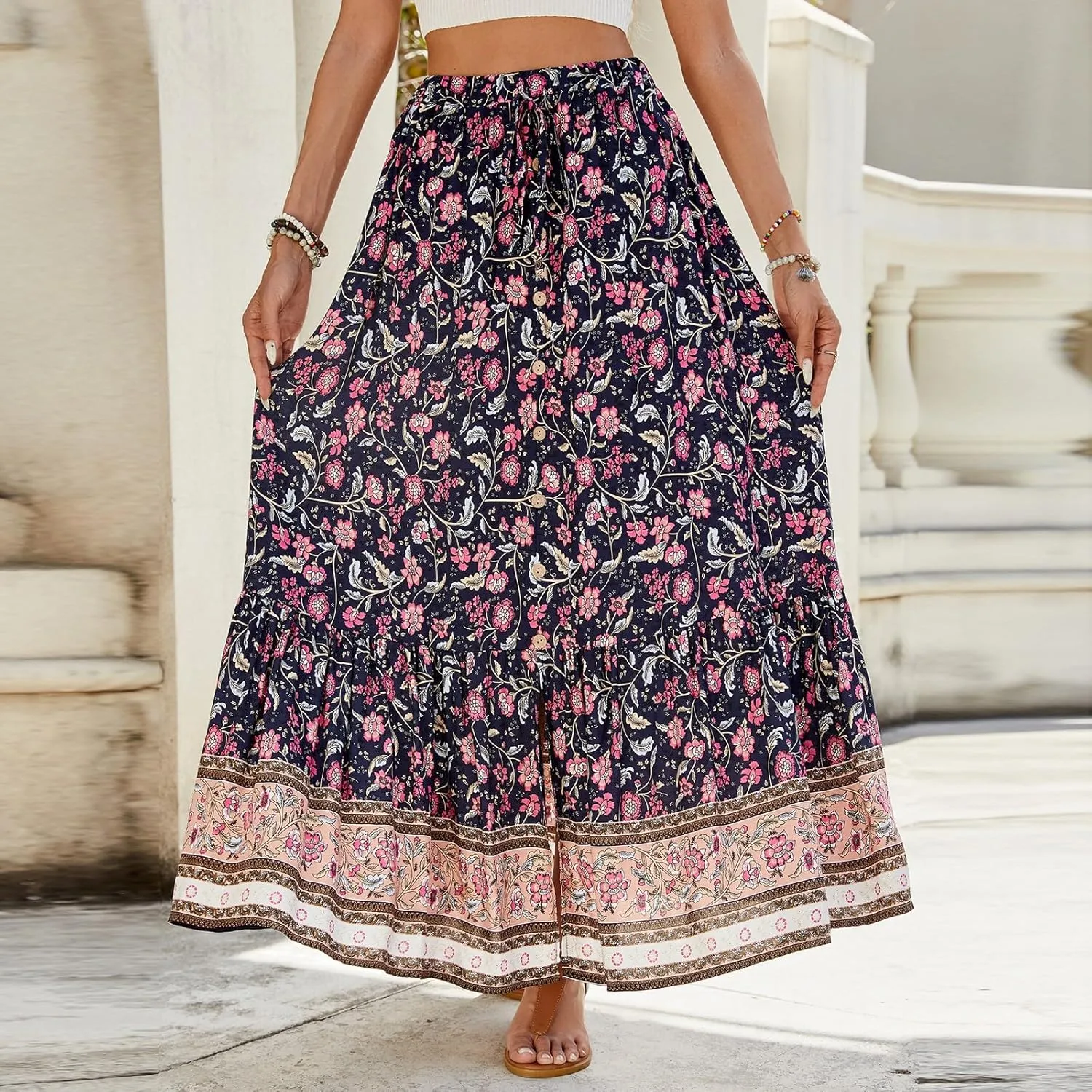 Wrap Skirt, Drawstring Tiered Long Boho Skirt Spring Summer Pleated Flowy Maxi Skirts for Women 2025 Trendy