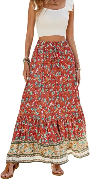 Wrap Skirt, Drawstring Tiered Long Boho Skirt Spring Summer Pleated Flowy Maxi Skirts for Women 2025 Trendy