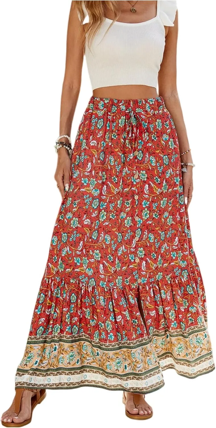 Wrap Skirt, Drawstring Tiered Long Boho Skirt Spring Summer Pleated Flowy Maxi Skirts for Women 2025 Trendy