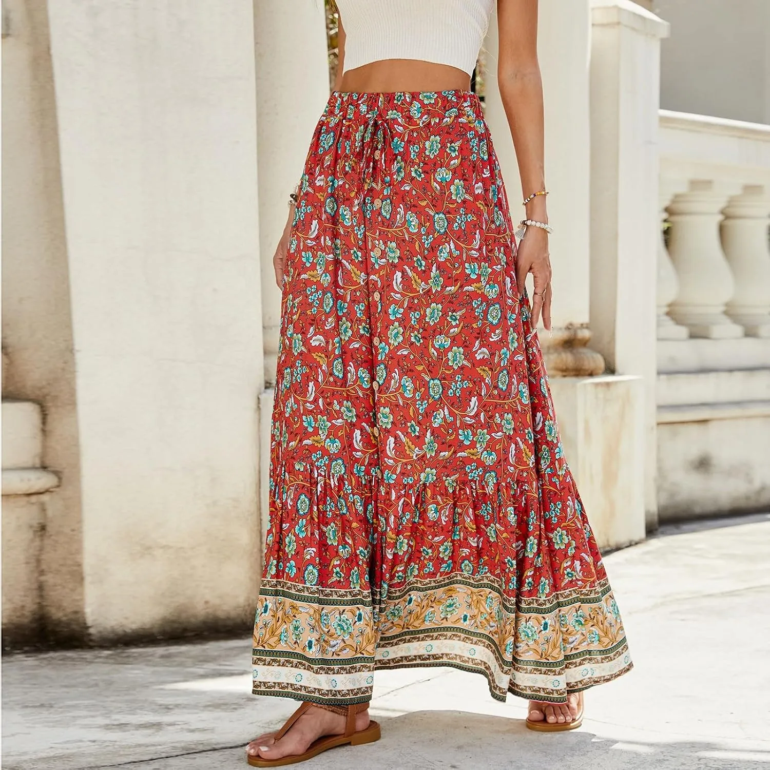 Wrap Skirt, Drawstring Tiered Long Boho Skirt Spring Summer Pleated Flowy Maxi Skirts for Women 2025 Trendy