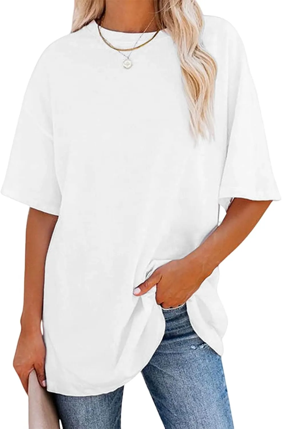 YEXIPO Women's Oversized T Shirts Summer Short Sleeve Loose Fit Casual Crewneck Plain Tunic Tops