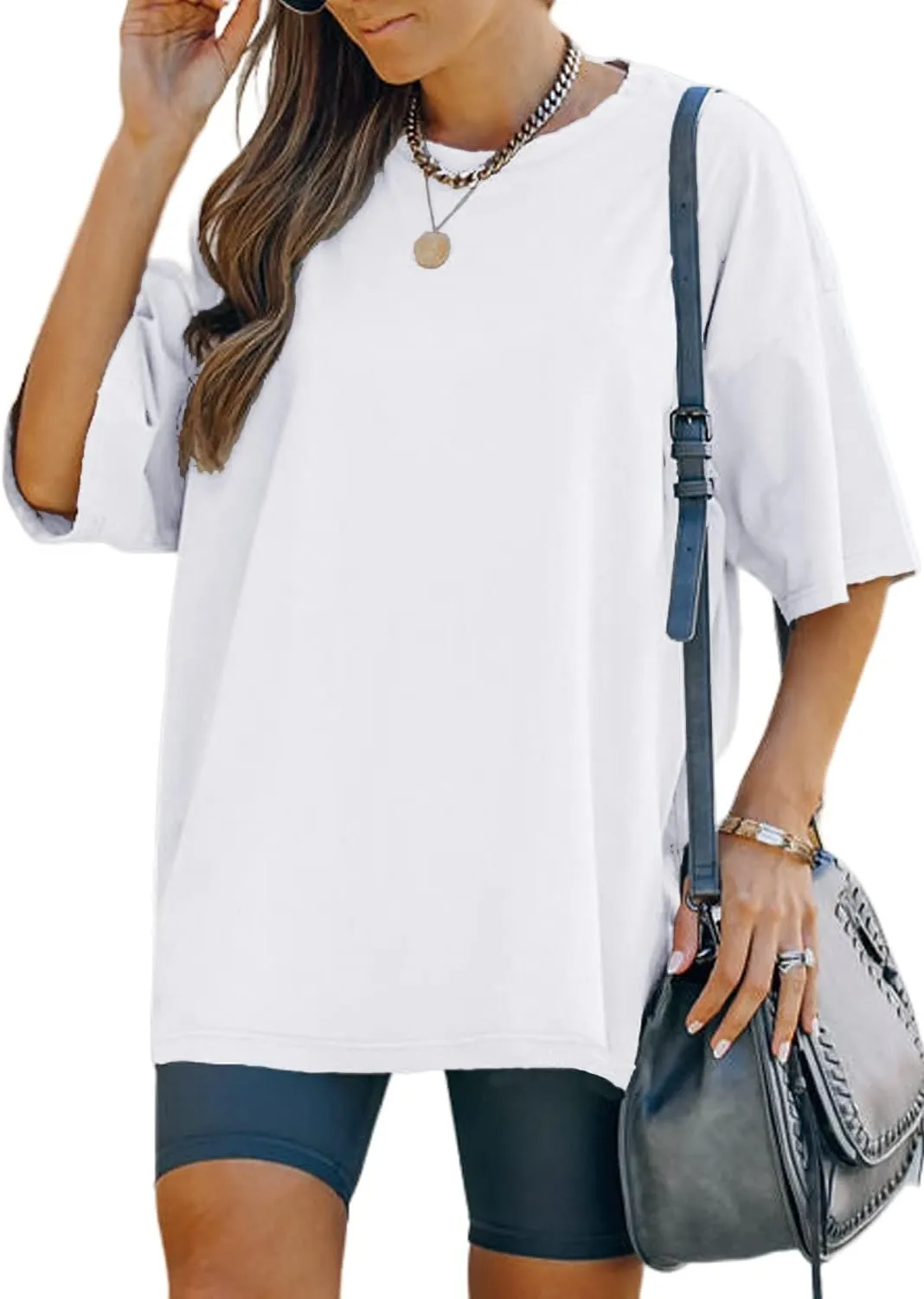 YEXIPO Women's Oversized T Shirts Summer Short Sleeve Loose Fit Casual Crewneck Plain Tunic Tops