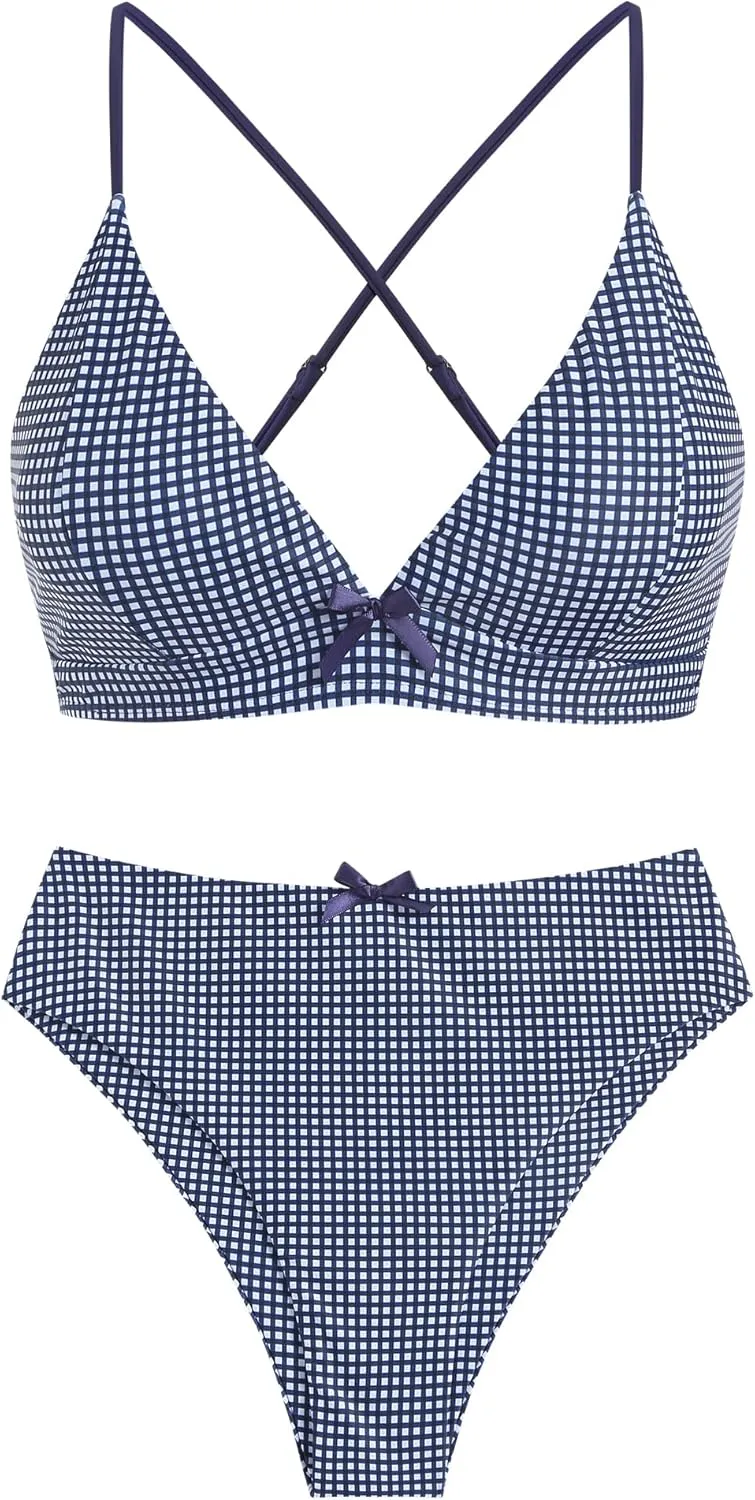 ZAFUL Women's V Neck Bikini Set High Waisted Swimsuits Lace Up Bow Decor Cheeky Two Piece Bathing Suit