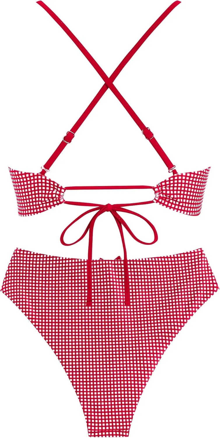 ZAFUL Women's V Neck Bikini Set High Waisted Swimsuits Lace Up Bow Decor Cheeky Two Piece Bathing Suit