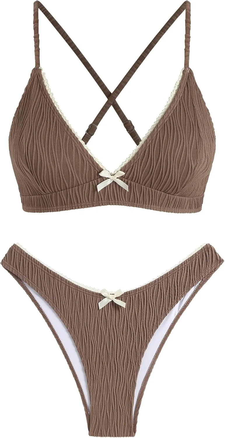 ZAFUL Women's V Neck Bikini Set High Waisted Swimsuits Lace Up Bow Decor Cheeky Two Piece Bathing Suit