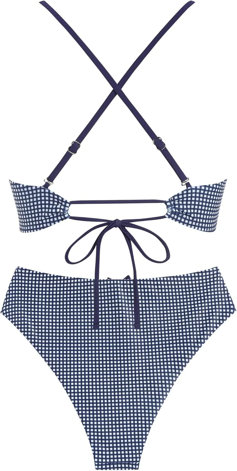ZAFUL Women's V Neck Bikini Set High Waisted Swimsuits Lace Up Bow Decor Cheeky Two Piece Bathing Suit