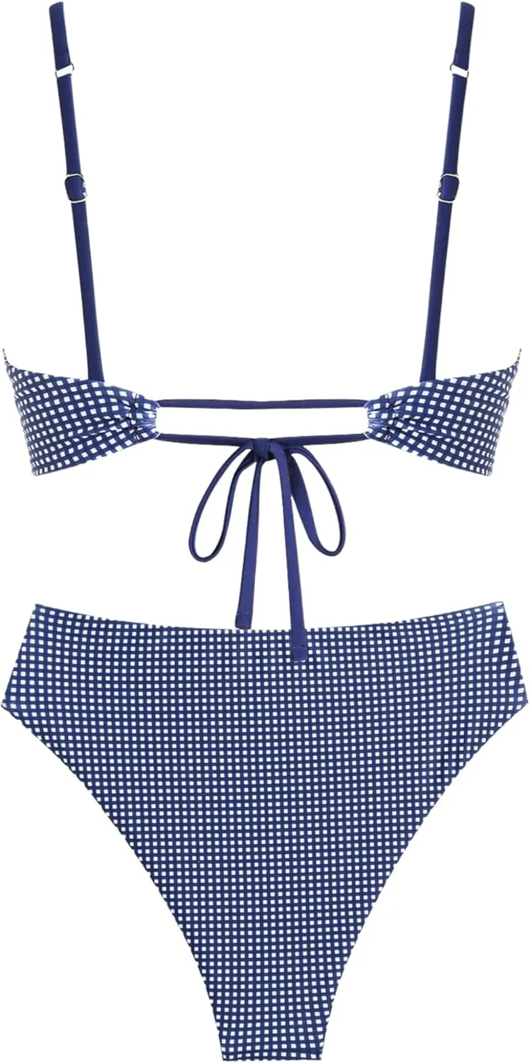 ZAFUL Women's V Neck Bikini Set High Waisted Swimsuits Lace Up Bow Decor Cheeky Two Piece Bathing Suit