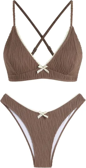 ZAFUL Women's V Neck Bikini Set High Waisted Swimsuits Lace Up Bow Decor Cheeky Two Piece Bathing Suit