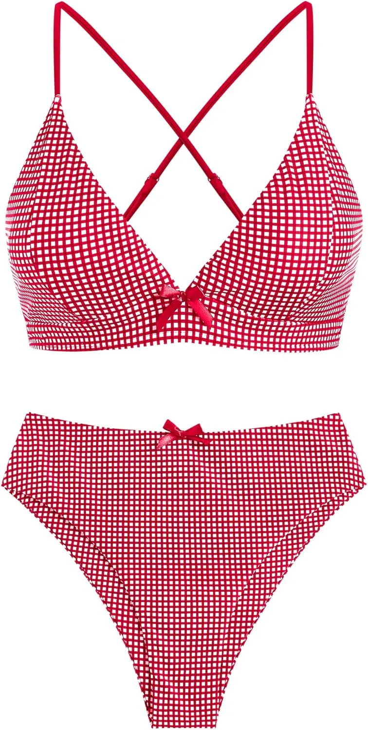 ZAFUL Women's V Neck Bikini Set High Waisted Swimsuits Lace Up Bow Decor Cheeky Two Piece Bathing Suit